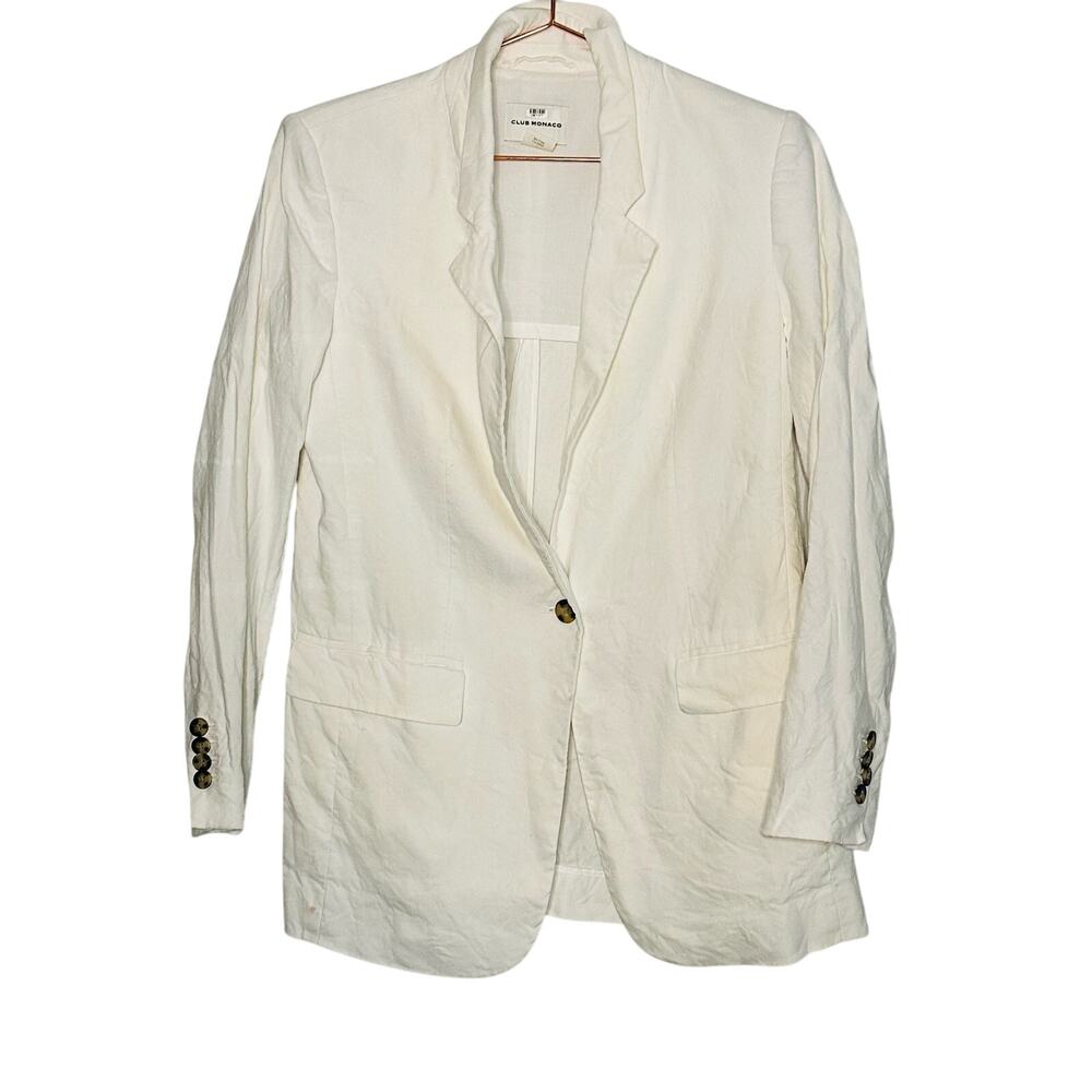 Club Monaco White Linen Single Brown Button Front Pocket Blazer Jacket size 4